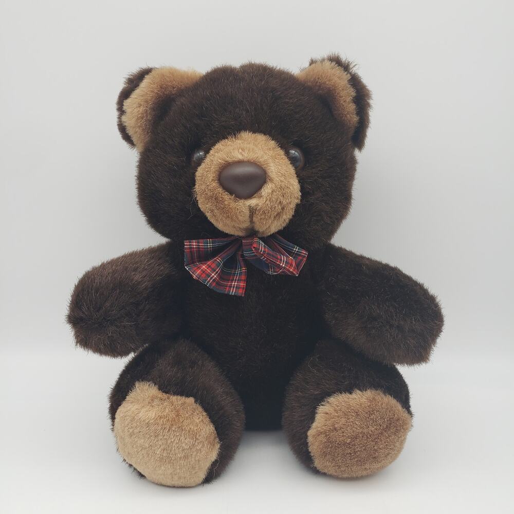 Vintage Pili Trading Co Dark Brown 8.5" Sitting Teddy Bear Plaid Preppy Bow Tie
